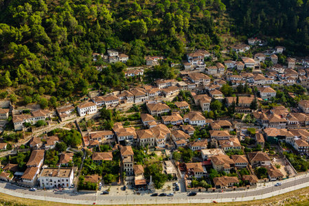 The famous old town of Berat in Albania. Picturesque street with houses from the Ottoman era....