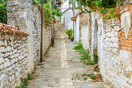 The famous old town of Berat in Albania. Picturesque street with houses from the Ottoman era. Beautiful landscape in central Albania.の写真素材