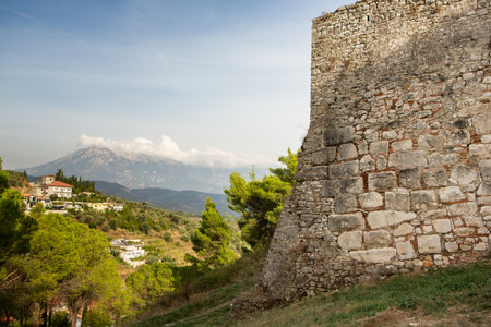 The famous old town of Berat in Albania. Picturesque street with houses from the Ottoman era. Beautiful landscape in central Albania.の写真素材