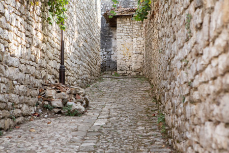 The famous old town of Berat in Albania. Picturesque street with houses from the Ottoman era. Beautiful landscape in central Albania.の写真素材