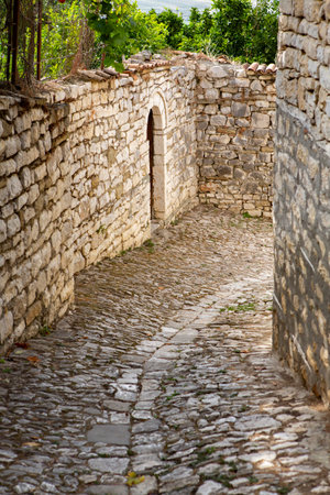 The famous old town of Berat in Albania. Picturesque street with houses from the Ottoman era. Beautiful landscape in central Albania.の写真素材