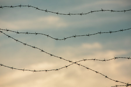 Barbed wire on the background of the cloudy sky. Selective focus.の写真素材