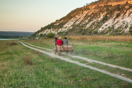 couple driving a cart on a dirt road in the field at sunset