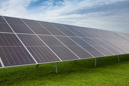 Solar power station or panels, photovoltaics, alternative source of electricity. Concept of...