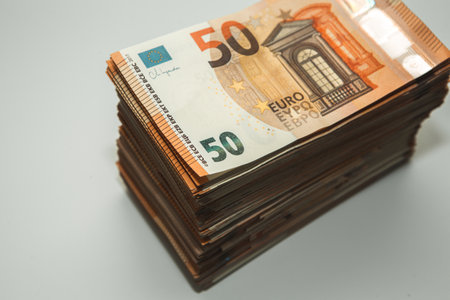 Euro banknote cash money. Lot of banknotes of European union currency close up. Financial investment, savings, income earnings concept.の写真素材