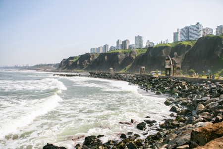 The Pacific Ocean warms the shores of Lima, the capital of Peru. Beautiful urban nature in latin America.の写真素材