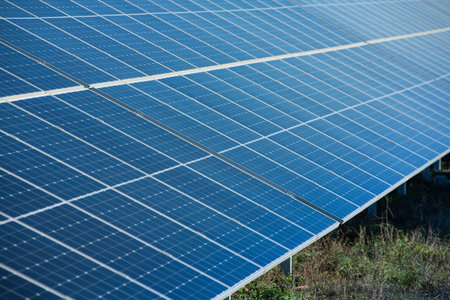 Solar panels for renewable electric energy production, close-up photo.