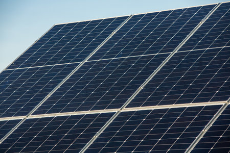 solar panels on the roof of a building, close-upの写真素材
