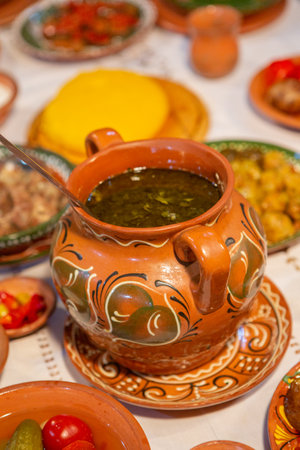 Traditional Turkish and Greek dinner appetizer in a pot, close upの写真素材