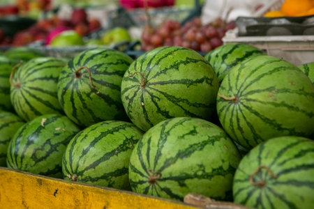 Watermelons on display at a market in the city of Bangkok, Thailand.の写真素材