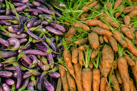 Fresh carrots and eggplants on a market stall. Vegetables backgroundの写真素材
