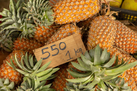 Pineapples for sale at a farmers market in southern California.の写真素材