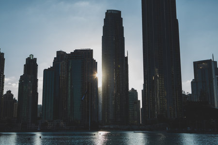 View of skyscrapers in Dubai Marina at sunsetの写真素材