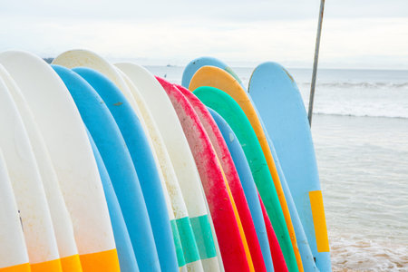 Surfboards on the beach in the morning. Surfboard background