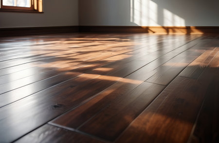 Wooden floor in a room with sunlight passing through the window.の写真素材