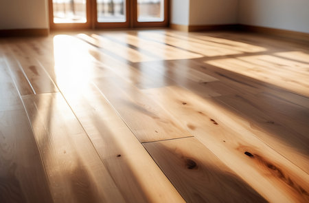 Wooden floor in a room with sunlight and shadow from the windowの写真素材
