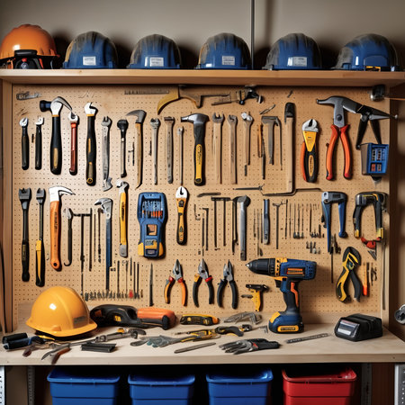 Variety of tools on shelf in construction shop. Industrial background.の写真素材