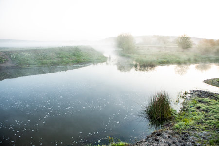 Beautiful landscape with the Raut River in the Republic of Moldova. Rural nature in Eastern Europe.の写真素材