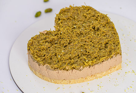 Pistachio cake in the shape of a heart on a white background