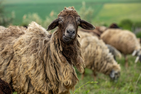 Sheep in a meadow on a sunny day, close-upの写真素材