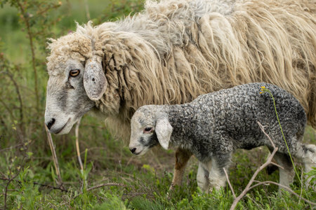 Sheep and lamb in the meadow. Shot in New Zealand.の写真素材