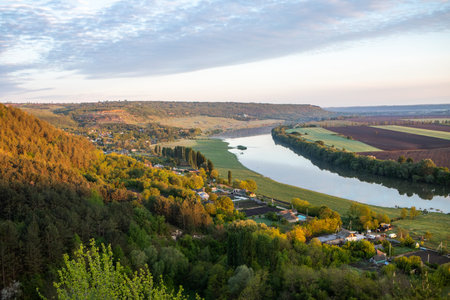Panoramic view of the Dniester river and village in autumn.