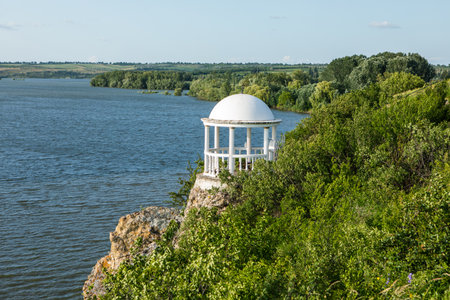 Beautiful natural landscape in the north of the Republic of Moldova with the Prut River and steep cliffs.の写真素材