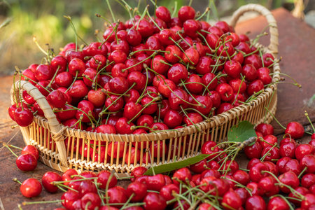 Ripe red cherries in a basket on a wooden table.