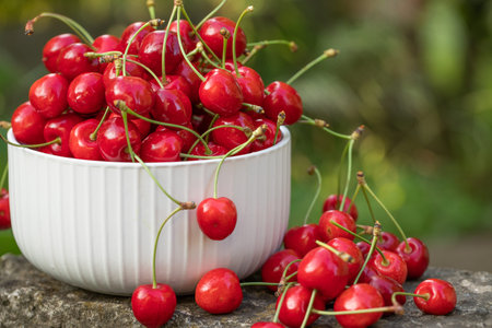 Cherries in a white bowl on a wooden table in the garden