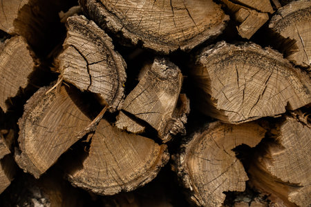 Firewood stacked in a pile, close-up of firewood