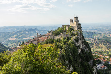 Scenic View of San Marino â Historic Architecture and Mountain Landscape. One of the smallest countries in the world, located in the heart of Italy. Travel concept in Europeの写真素材