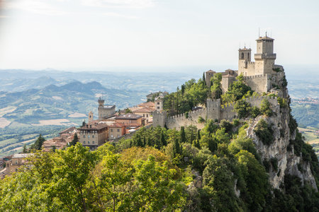 Scenic View of San Marino â Historic Architecture and Mountain Landscape. One of the smallest countries in the world, located in the heart of Italy. Travel concept in Europeの写真素材