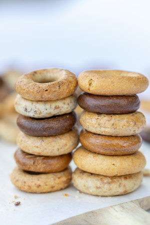 Stack of cookies on a wooden board. Close-up. Selective focus.の写真素材