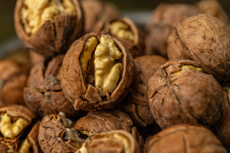 Walnut kernels and whole walnuts close-up macro photography.