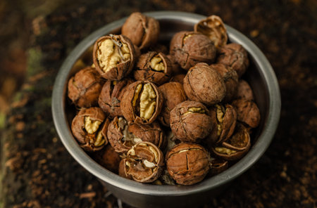 Whole walnuts in a bowl on ground