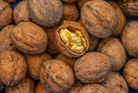 Walnut kernels and whole walnuts on blue background, close upの写真素材
