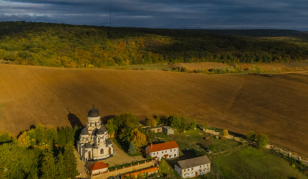 Aerial view of the church in the village of Zagreb, Croatiaの写真素材