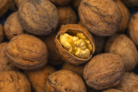Walnut kernels and whole walnuts close-up on a dark backgroundの写真素材