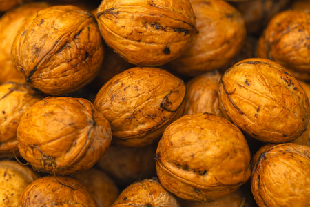 Walnuts in shell as a background. Macro, shallow depth of field.の写真素材