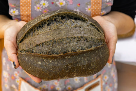 Woman holding a freshly baked loaf of black bread in her hands.の写真素材