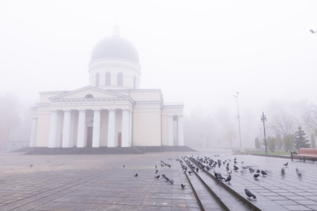 Sunrise over the calm autumn streets surrounded by fogの写真素材