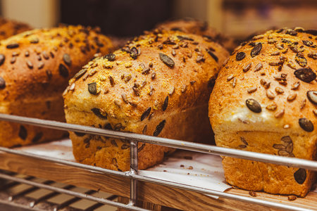 Freshly baked bread with chocolate chips and sunflower seeds in a bakery
