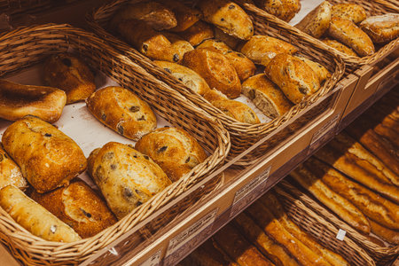 Freshly baked baguettes in a basket on a market stallの写真素材