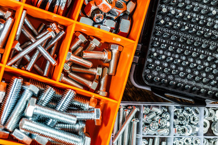 Screws and nuts in an orange box. Close-up.