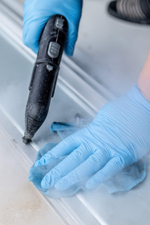 Close up of a hand of a worker wearing blue gloves cleaning a windowの写真素材