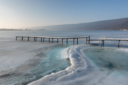 Frozen lake in the winter. Lake Balaton, Hungary.の写真素材