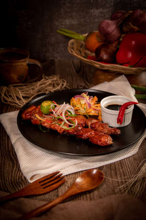 pork skewer with barbeque sauceの写真素材