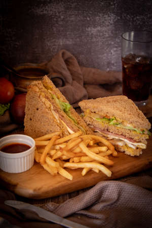 sandwich with fries and catsupの写真素材