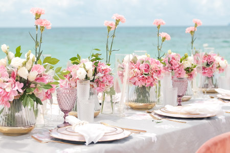 romantic set up, chairs on the beach, wedding ceremonyの写真素材