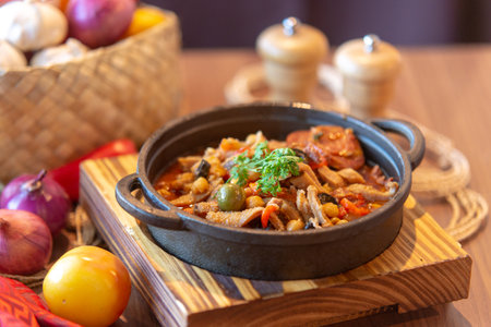 chicken with vegetables in a cast-iron pot on a wooden tableの写真素材